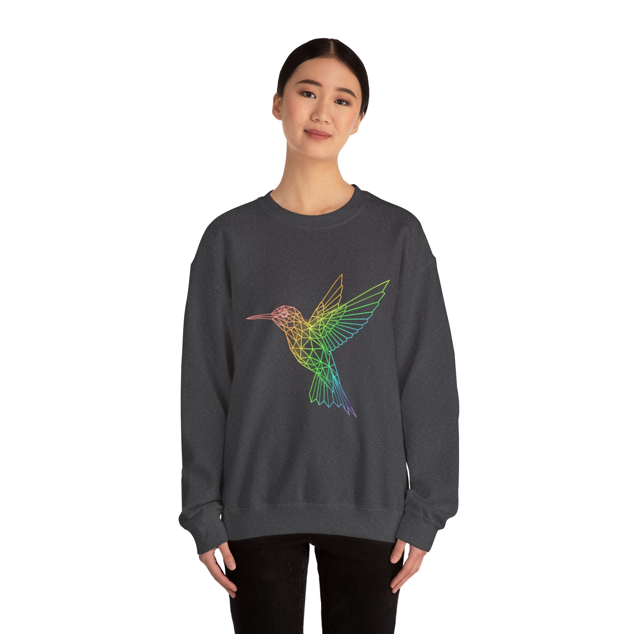 Hummingbird Line Art Crewneck Sweatshirt — Pastel Rainbow Bird Graphic