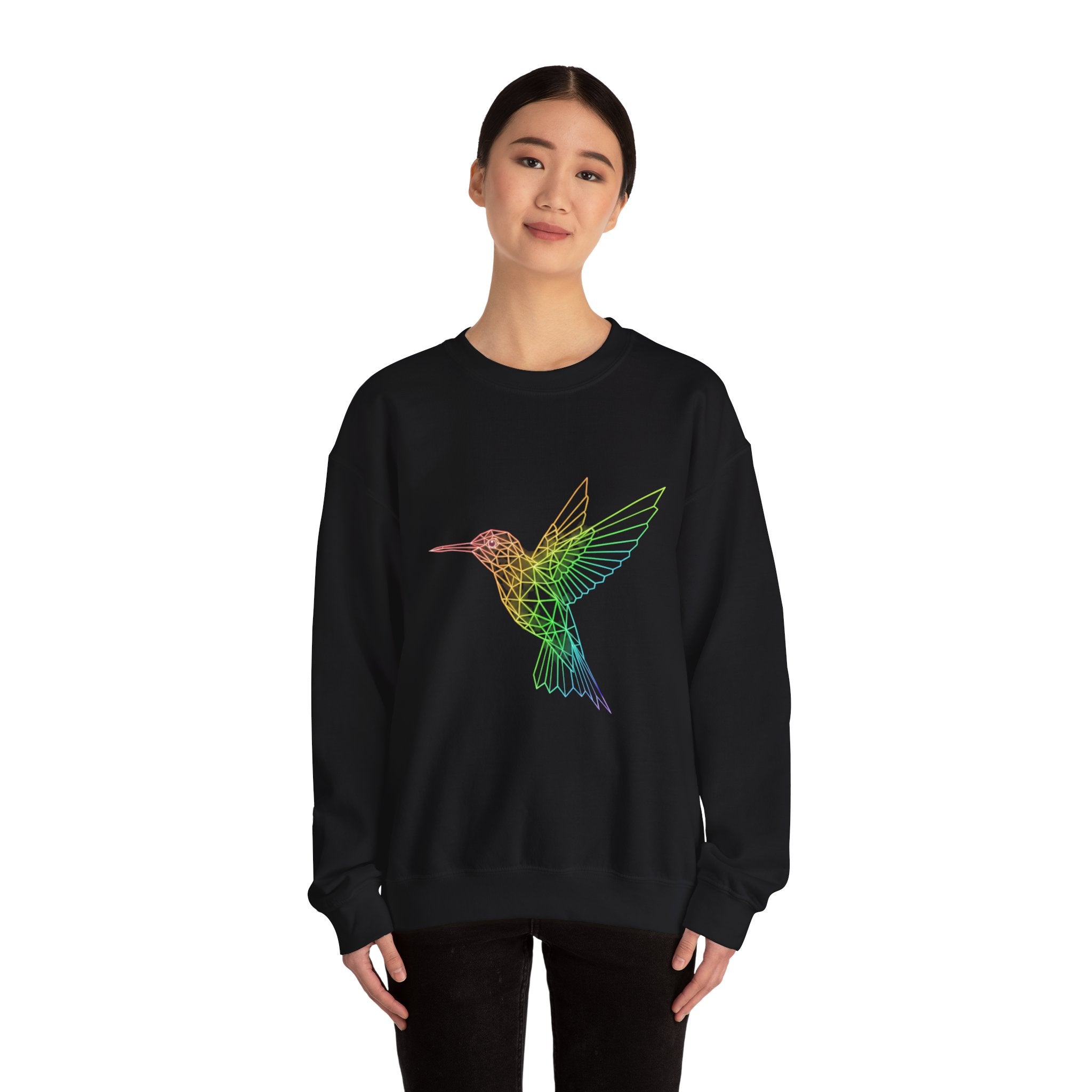 Hummingbird Line Art Crewneck Sweatshirt — Rainbow Minimalist Bird Graphic